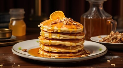 Poster -  a stack of pancakes covered in syrup and topped with orange slices.  generative ai