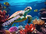 Fototapeta Do akwarium - A turtle swims over colorful corals in the ocean generative ai