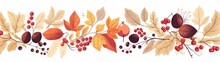 Hand Drawn Horizontal Banner Pattern With Autumn Bright Leaves And Berries In Retro Color Template. Flat Doodle Style