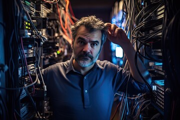 Poster - Caucasian male engineer installing ethernet cables in server room. The server racks are in the background.