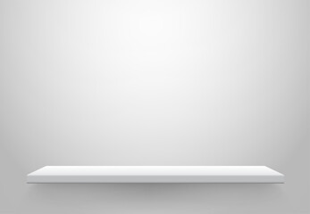 Poster - White shop product shelf, realistic shelf for product presentation, shopping merchandise market products rack, blank empty showcase, supermarket retail shelve, store rack – vector