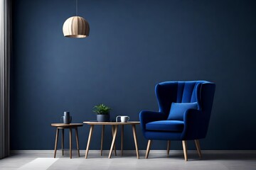 Poster - interior has a dark blue armchair on empty dark wall background
