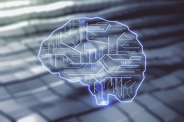 Aufkleber - Double exposure of creative artificial Intelligence interface on blurry metal background. Neural networks and machine learning concept
