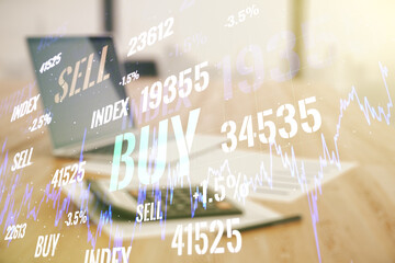 Poster - Abstract virtual financial graph hologram on blurry calculator and computer background, financial and trading concept. Multiexposure