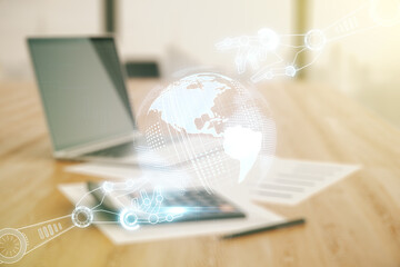 Aufkleber - Double exposure of abstract virtual robotics technology with world map hologram on blurry calculator with laptop background. Research and development software concept