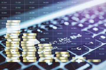 Poster - Close up of bank card and keyboard with creative forex chart hologram with declining stacked coins. Financial recession, plummeting trade concept. Double exposure.