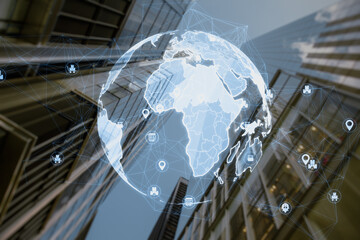 Poster - Creative glowing polygonal globe hologram with icons on blurry city background. Global technology and internet concept. Double exposure.