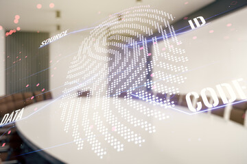Aufkleber - Multi exposure of virtual abstract fingerprint illustration on a modern conference room background, digital access concept