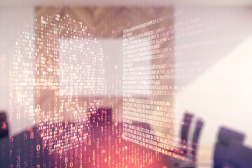 Poster - Abstract virtual code skull illustration on a modern conference room background. Hacking and phishing concept. Multiexposure