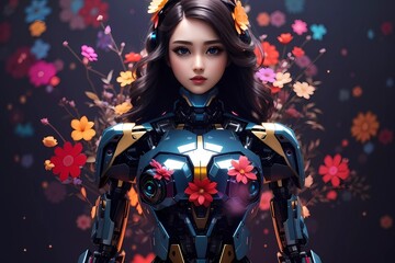 Wall Mural - Female cyborgs, ultra realistic, female humanoid robot, Beautiful robotic woman, with colorful flower, dark background,