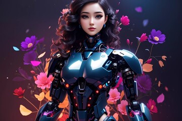 Wall Mural - Female cyborgs, ultra realistic, female humanoid robot, Beautiful robotic woman, with colorful flower, dark background,