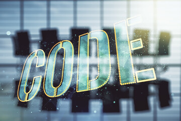 Aufkleber - Code word hologram on a modern coworking room background, international software development concept. Multiexposure