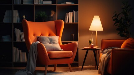 Warm reading nook with comfy armchair and lamp