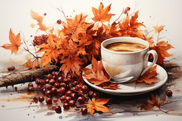 Sticker - cup of coffee and autumn leaves