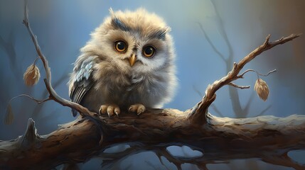 Canvas Print -  a painting of an owl sitting on a branch with leaves.  generative ai