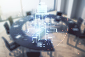 Aufkleber - Virtual creative light bulb illustration with microcircuit on a modern coworking room background, future technology concept. Multiexposure