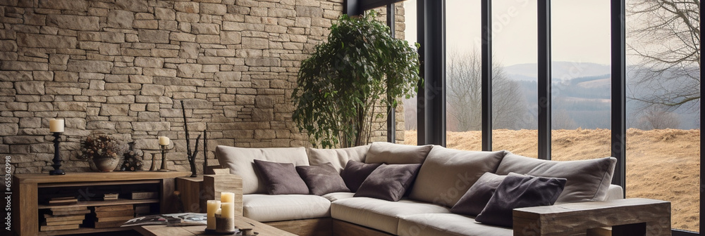 Luxury corner sofa in room with round floor to ceiling window ...