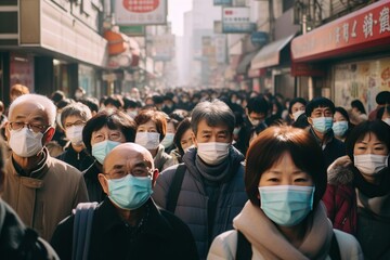 Wall Mural - Crowd of east Asian people walking street wearing masks