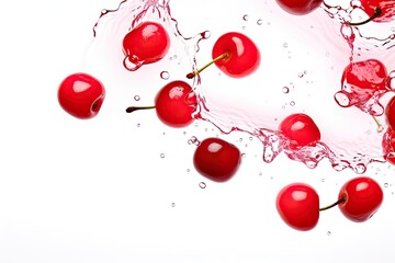 Wall Mural - Ripe red cherry floating in water, revealing its smooth, glossy skin and translucent flesh.