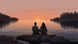 a young man and woman sitting at the shore during sunset, in the style of photo-realistic landscapes, cabincore, zen minimalism, cinestill 50d, traditional, die brücke, eye-catching