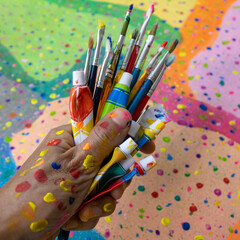 Wall Mural - Paint stained left hand holding paint tubes and paintbrushes on abstract spotted background