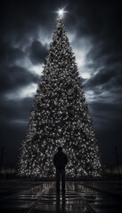 Wall Mural - Christmas Tree background - white lights - abstract - man looking at tree - futuristic - low angle shot - monochrome - black and white - holiday - festive - book cover 