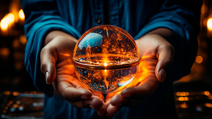 Canvas Print - hand holding glowing light bulb with globe. innovation and creativity concept