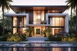 Contemporary residence boasting elegant design, lavish amenities, pristine white aesthetics, and a serene pool nestled in a manicured garden. Generative AI