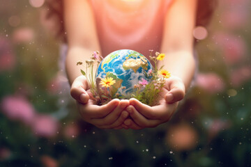 Environment Earth Day. a child holds flowering earth in his hands. eco, ecology and environmental conservation.