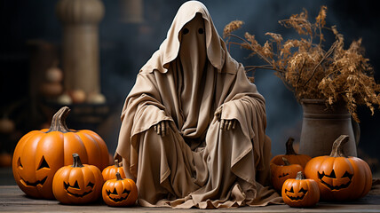 Canvas Print - halloween pumpkin head on the background of a scary halloween night.