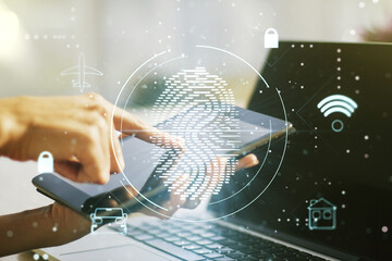 Aufkleber - Double exposure of abstract creative fingerprint hologram with finger clicks on a digital tablet on background, research and development concept