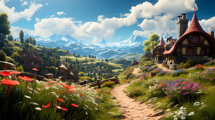 Wall Mural - fantasy fairy tale landscape with a beautiful fairy tale forest and a beautiful landscape.