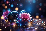 Fototapeta Kosmos - Beautiful abstract shiny light and glitter dark background, water circle, colorful flower, red, bule, pink, gold, star.