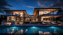 3d Rendering Of Modern Cozy House With Pool And Parking For Sale Or Rent In Luxurious Style And Beautiful Landscaping On Background. Clear Summer Night With Many Stars On The Sky.