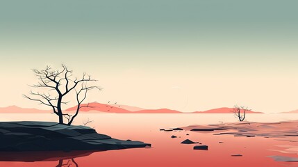 Sticker -  a lone tree is standing on a rocky shore near a body of water.  generative ai