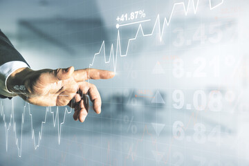 Aufkleber - Double exposure of man hand working with virtual creative financial diagram on blurred office background, banking and accounting concept