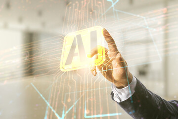 Aufkleber - Double exposure of man hand presses on creative artificial Intelligence icon on blurred office background. Neural networks and machine learning concept