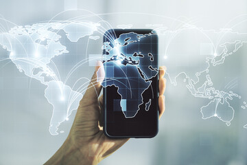 Poster - Abstract graphic digital world map with connections and hand with mobile phone on background, globalization concept. Multiexposure