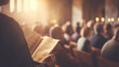A group of believers singing hymns during a church service, spiritual practices of Christians, bokeh