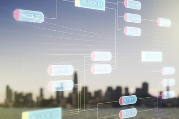 Poster - Double exposure of abstract programming language interface on blurry cityscape background, research and development concept