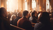 A congregation sharing the peace of Christ during a church service, spiritual practices of Christians, bokeh