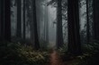A misty forest with tall trees and a dark foggy backdrop. Generative AI