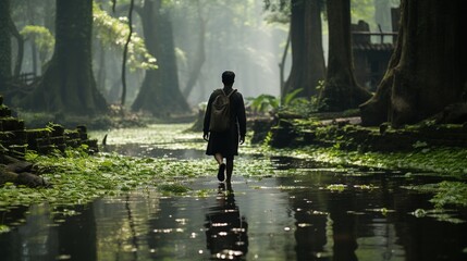 Poster -  a person walking in the middle of a swampy area.  generative ai