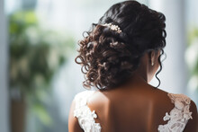 Wedding Photography  Of A Black Bride With Elegant Hairstyle And Beautiful Barrette. Close Up Portrait Taken From Behind. Blurred Background With Copy Space. AI Generative.
