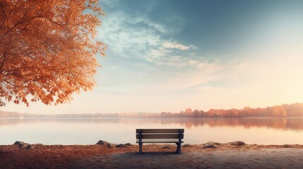 Sticker -  a bench sitting on the shore of a lake near a tree.  generative ai