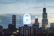 Virtual creative lock symbol and microcircuit illustration on Chicago skyline background. Protection and firewall concept. Multiexposure