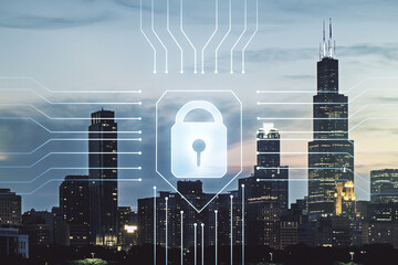 Aufkleber - Virtual creative lock symbol and microcircuit illustration on Chicago skyline background. Protection and firewall concept. Multiexposure