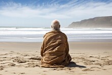 Old Man, With A Beard Meditate On Beach