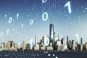 Aufkleber - Double exposure of abstract virtual binary code hologram on New York city skyscrapers background. Database and programming concept