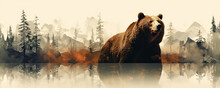Wild Brown Bear Design For T Shirt Printing. On White Background. Wide Banner